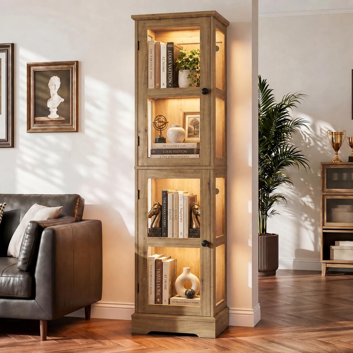 2-Pack Homieasy LED Bookcase with Glass Doors, Tall Display Bookshelf with RGB Lighting, Small Glass Door Cabinet