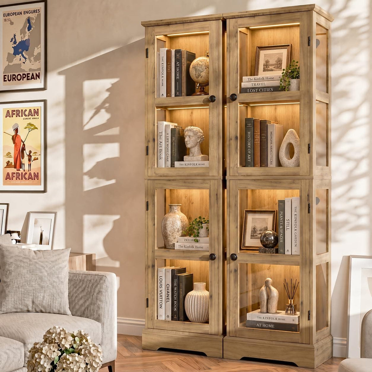 2-Pack Homieasy LED Bookcase with Glass Doors, Tall Display Bookshelf with RGB Lighting, Small Glass Door Cabinet