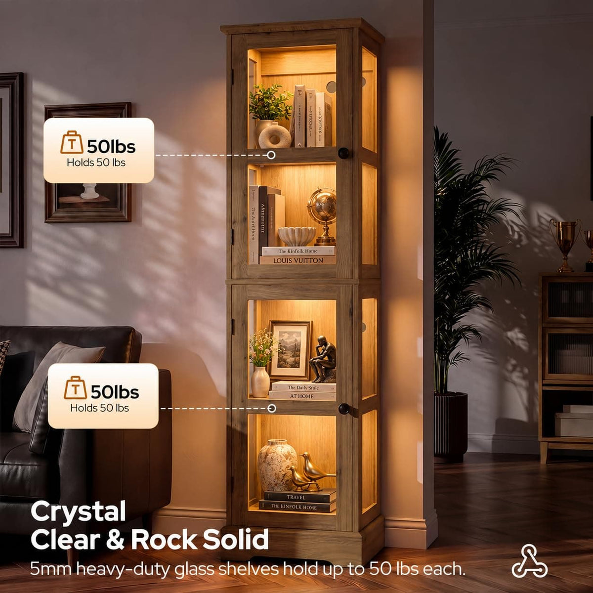 LED Bookcase with Glass Doors, Tall Display Bookshelf with RGB Lighting, Small Glass Door Cabinet for Books