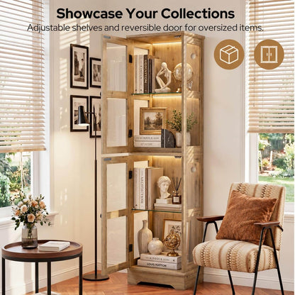 LED Bookcase with Glass Doors, Tall Display Bookshelf with RGB Lighting, Small Glass Door Cabinet for Books