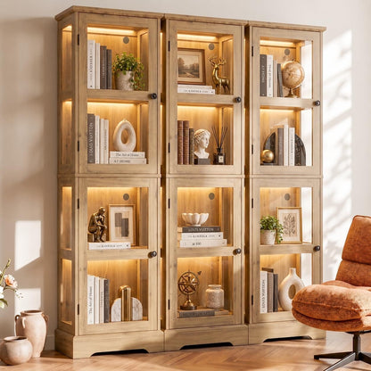 LED Bookcase with Glass Doors, Tall Display Bookshelf with RGB Lighting, Small Glass Door Cabinet for Books