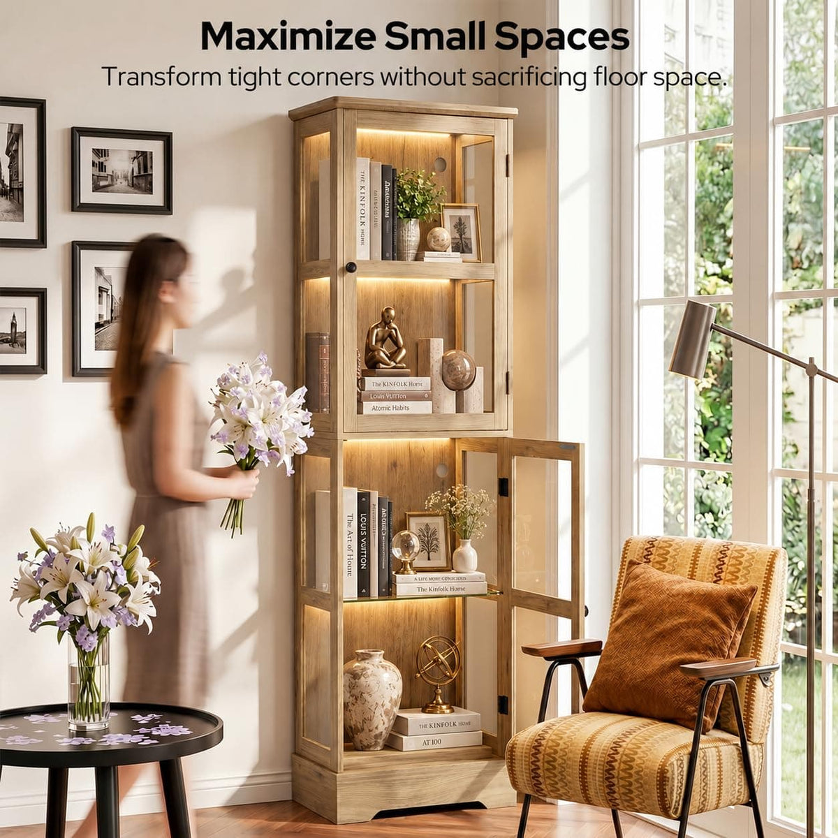 LED Bookcase with Glass Doors, Tall Display Bookshelf with RGB Lighting, Small Glass Door Cabinet for Books