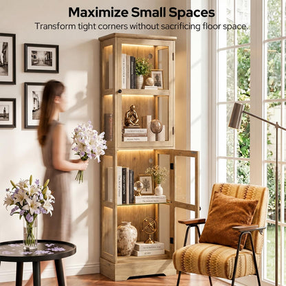 LED Bookcase with Glass Doors, Tall Display Bookshelf with RGB Lighting, Small Glass Door Cabinet for Books