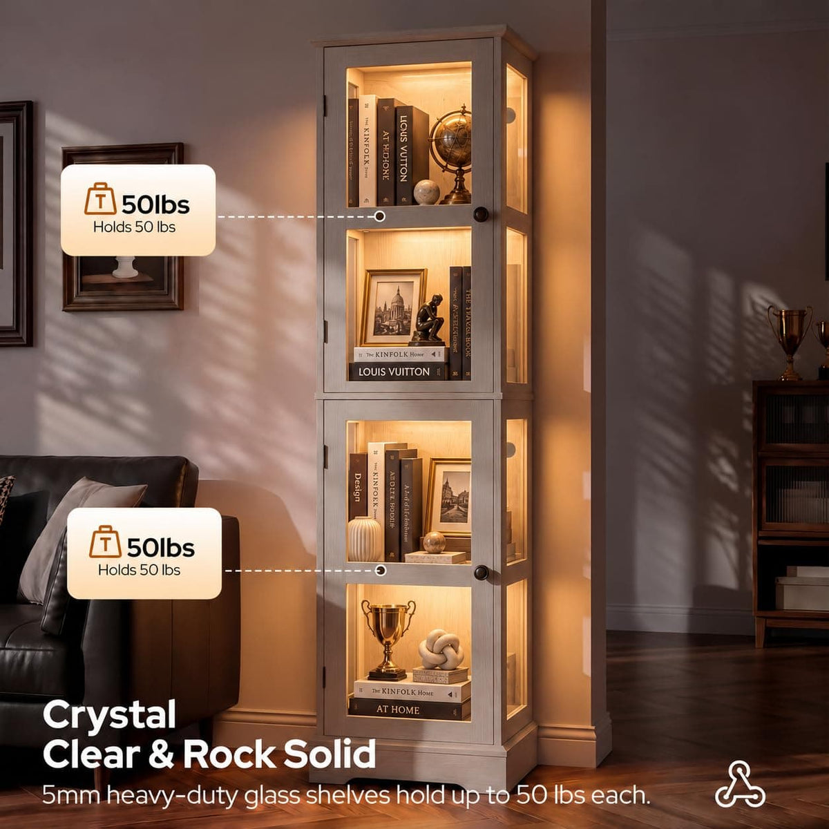 LED Bookcase with Glass Doors, Tall Display Bookshelf with RGB Lighting, Small Glass Door Cabinet for Books