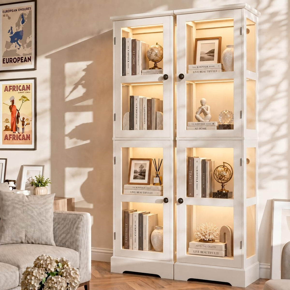 LED Bookcase with Glass Doors, Tall Display Bookshelf with RGB Lighting, Small Glass Door Cabinet for Books