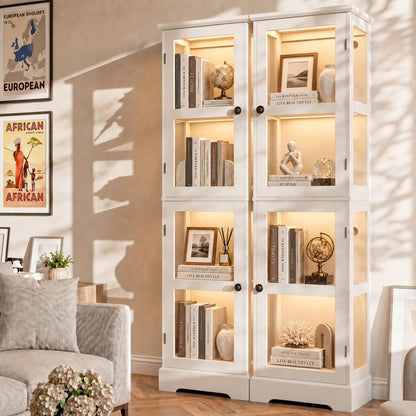 2-Pack Homieasy LED Bookcase with Glass Doors, Tall Display Bookshelf with RGB Lighting, Small Glass Door Cabinet