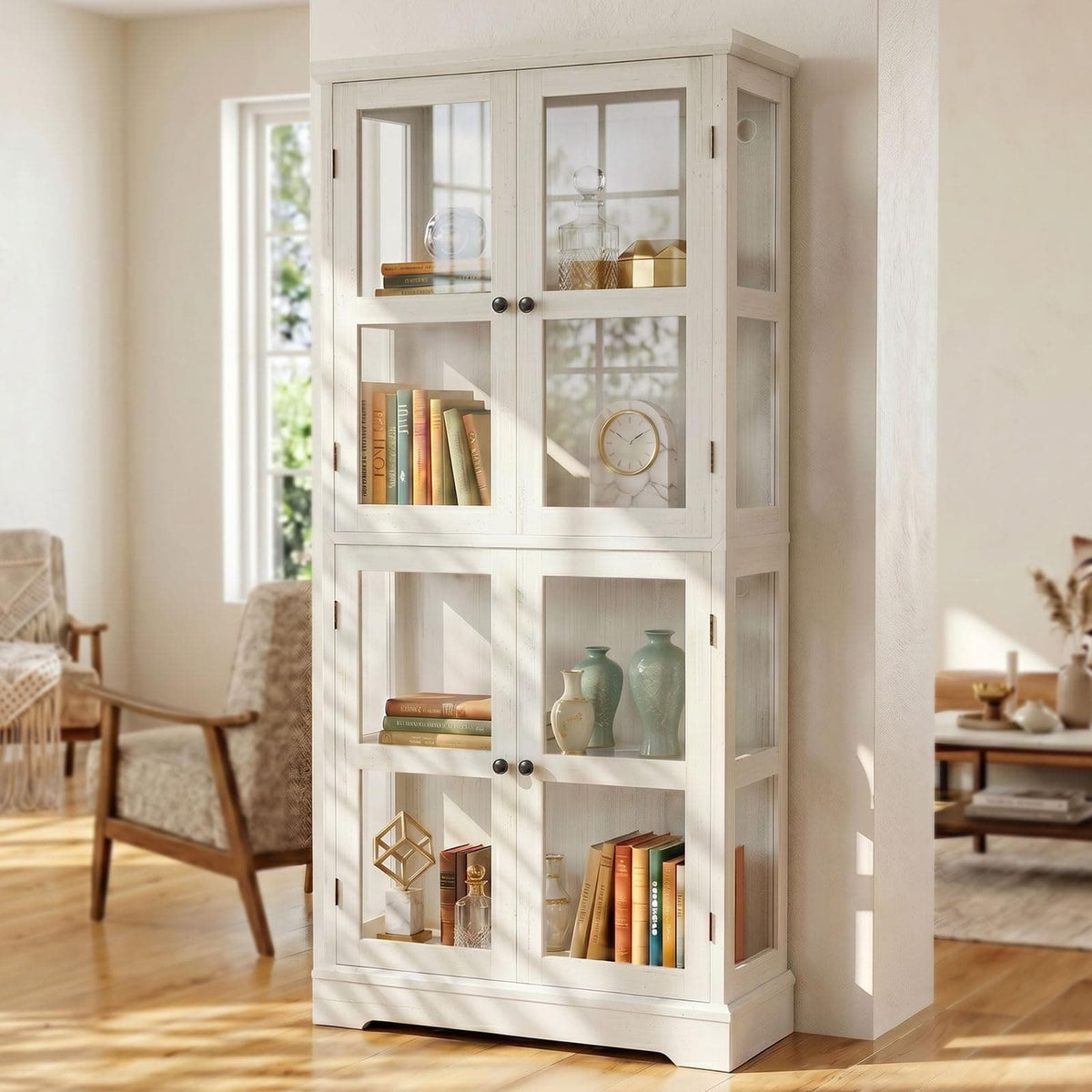68" LED Glass Door Bookcase, Tall Display Storage Cabinet with Ambient LED Light,Anti-Tip Freestanding Bookshelf