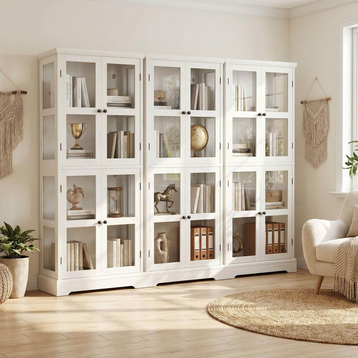3-Pack Homieasy 68" LED Glass Door Bookcase Bundle, Large LED Display Storage Cabinet Set of 3, Freestanding Tempered Glass Bookshelf