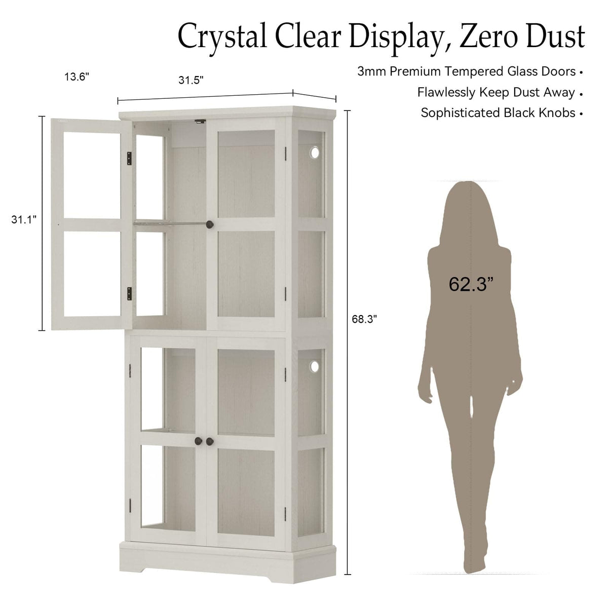 68" LED Glass Door Bookcase, Tall Display Storage Cabinet with Ambient LED Light,Anti-Tip Freestanding Bookshelf
