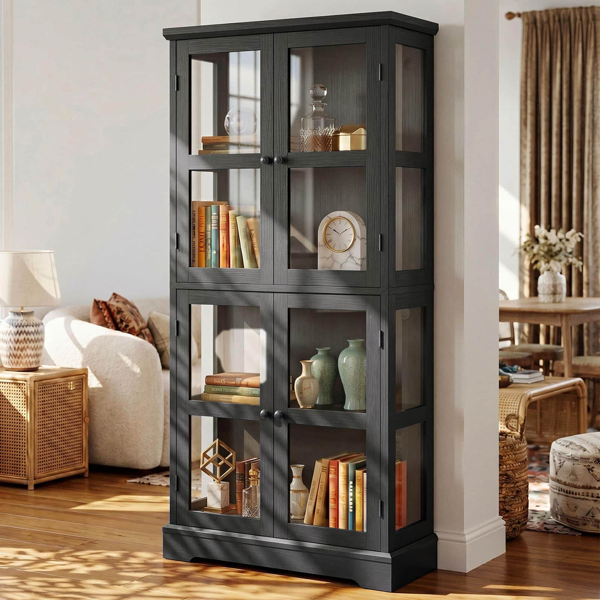 68" LED Glass Door Bookcase, Tall Display Storage Cabinet with Ambient LED Light,Anti-Tip Freestanding Bookshelf