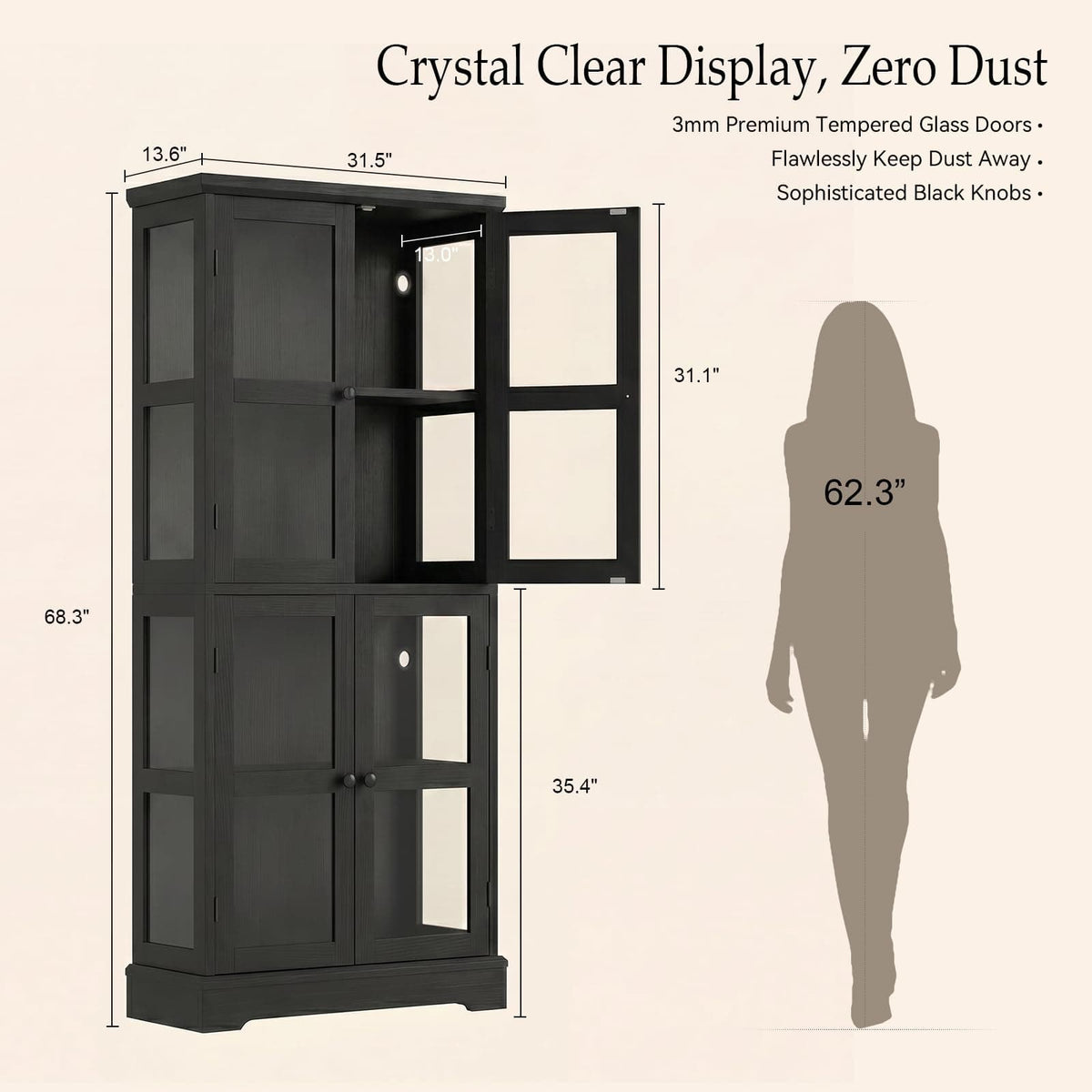68" LED Glass Door Bookcase, Tall Display Storage Cabinet with Ambient LED Light,Anti-Tip Freestanding Bookshelf
