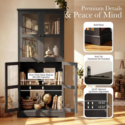 68" LED Glass Door Bookcase, Tall Display Storage Cabinet with Ambient LED Light,Anti-Tip Freestanding Bookshelf