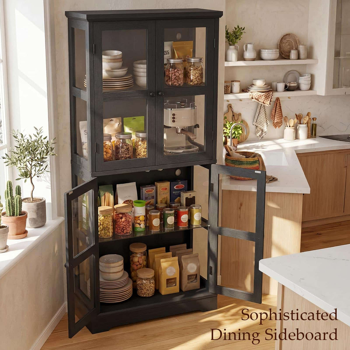 68" LED Glass Door Bookcase, Tall Display Storage Cabinet with Ambient LED Light,Anti-Tip Freestanding Bookshelf