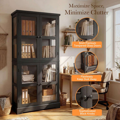 68" LED Glass Door Bookcase, Tall Display Storage Cabinet with Ambient LED Light,Anti-Tip Freestanding Bookshelf