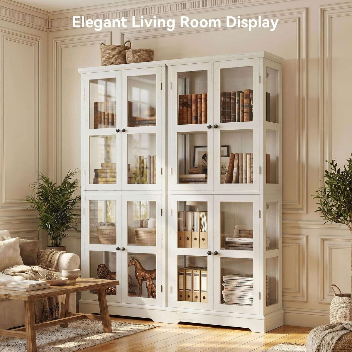 68" LED Glass Door Bookcase, Tall Display Storage Cabinet with Ambient LED Light,Anti-Tip Freestanding Bookshelf