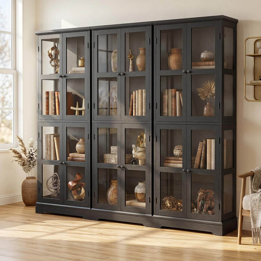 3-Pack Homieasy 68" LED Glass Door Bookcase Bundle, Large LED Display Storage Cabinet Set of 3, Freestanding Tempered Glass Bookshelf