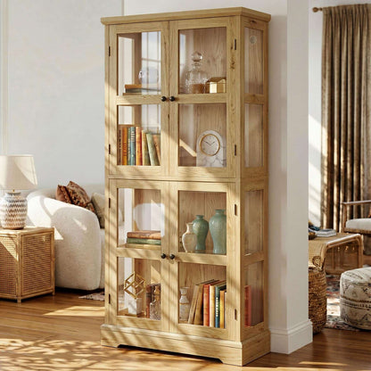 68" LED Glass Door Bookcase, Tall Display Storage Cabinet with Ambient LED Light,Anti-Tip Freestanding Bookshelf