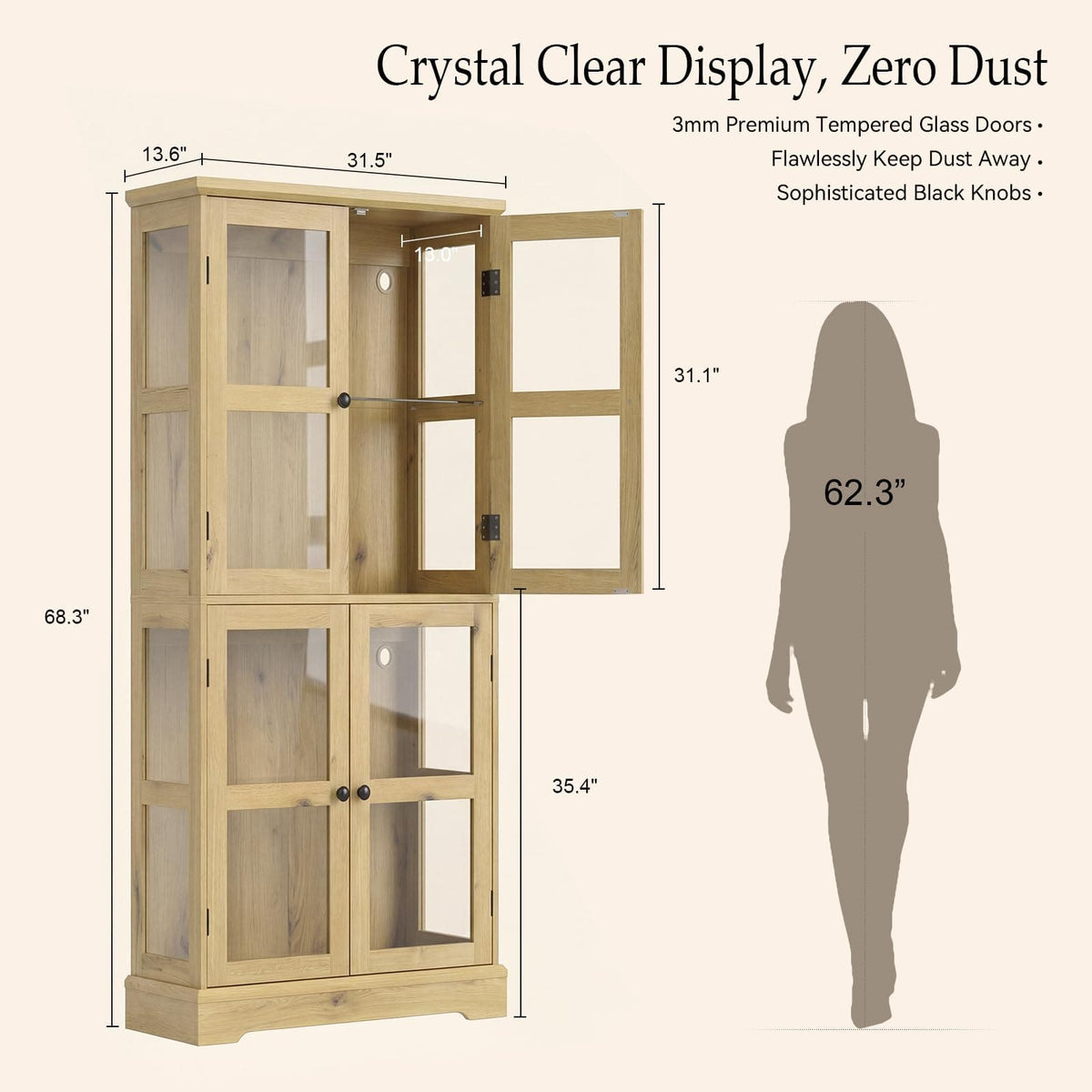 68" LED Glass Door Bookcase, Tall Display Storage Cabinet with Ambient LED Light,Anti-Tip Freestanding Bookshelf