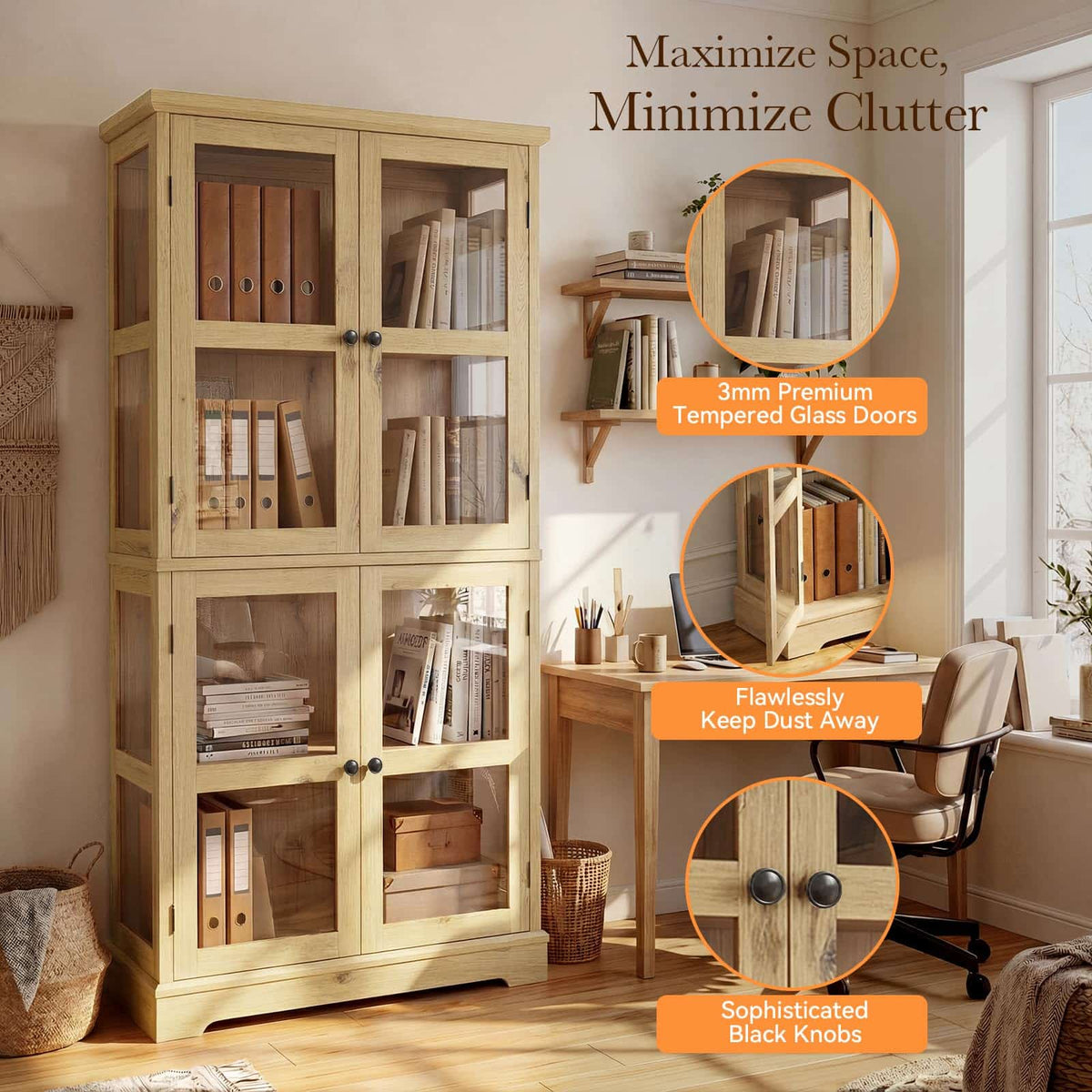 68" LED Glass Door Bookcase, Tall Display Storage Cabinet with Ambient LED Light,Anti-Tip Freestanding Bookshelf