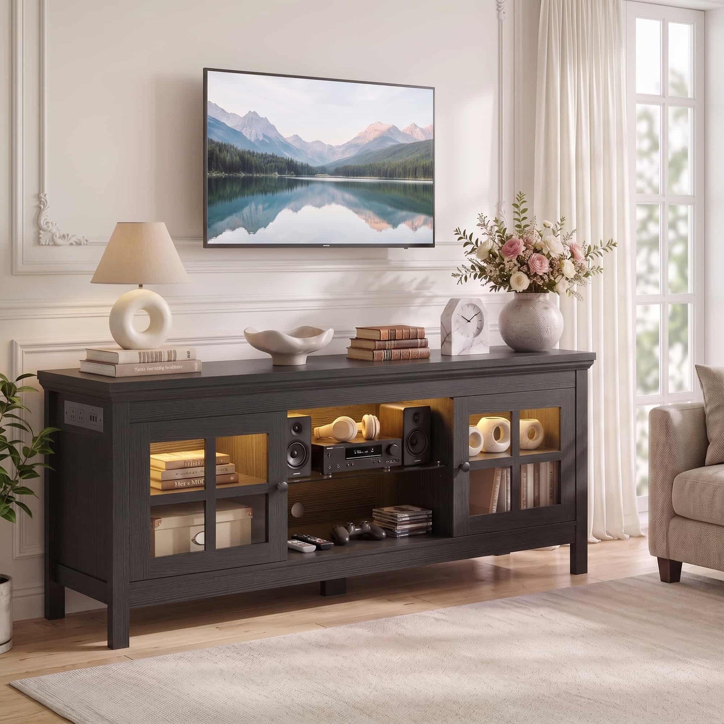 Farmhouse 55'' TV Stand for TVs Up to 60'', with Charging Station & LED Lights