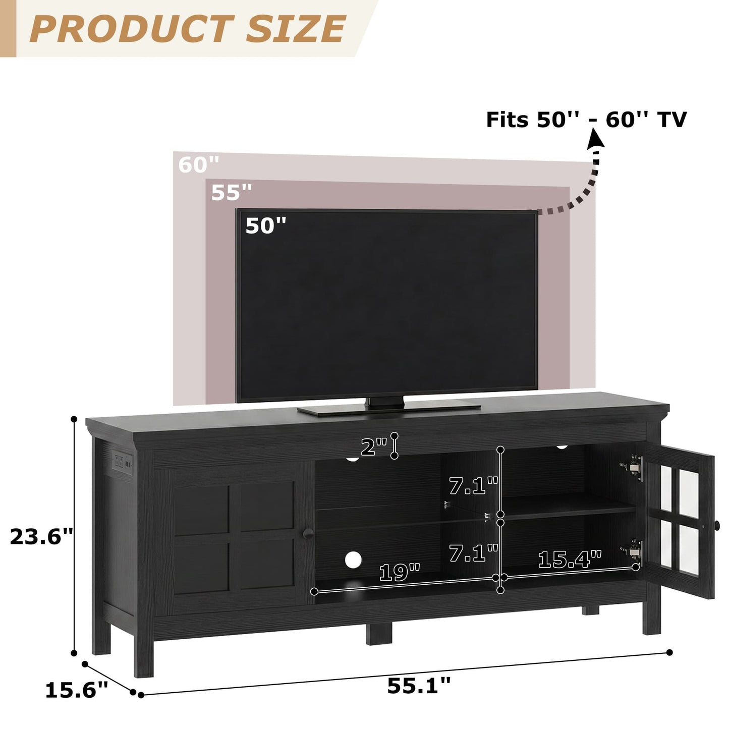 Farmhouse 55'' TV Stand for TVs Up to 60'', with Charging Station & LED Lights
