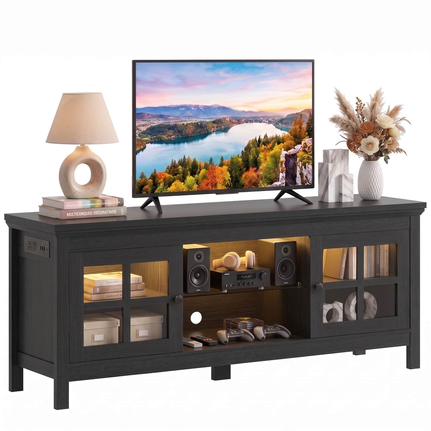 Farmhouse 55'' TV Stand for TVs Up to 60'', with Charging Station & LED Lights