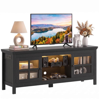Farmhouse 55'' TV Stand for TVs Up to 60'', with Charging Station & LED Lights