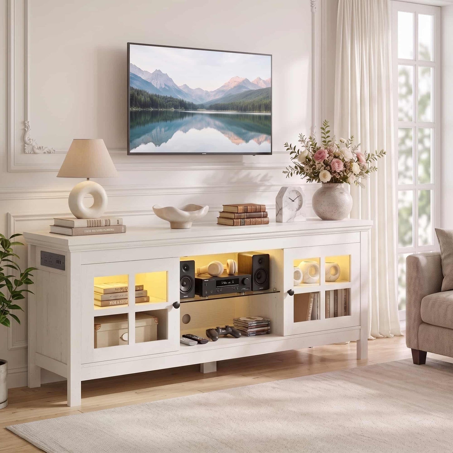 Farmhouse 55'' TV Stand for TVs Up to 60'', with Charging Station & LED Lights