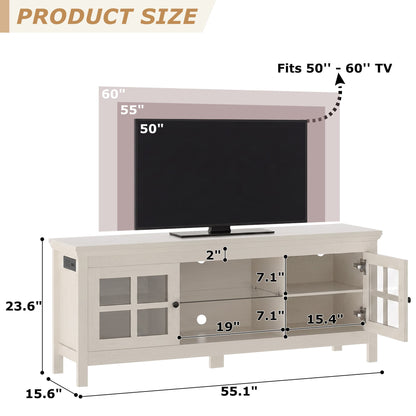 Farmhouse 55'' TV Stand for TVs Up to 60'', with Charging Station & LED Lights