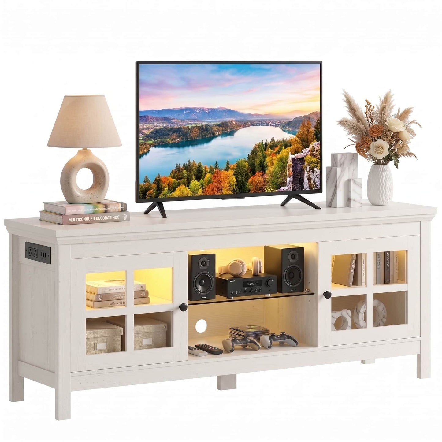 Farmhouse 55'' TV Stand for TVs Up to 60'', with Charging Station & LED Lights