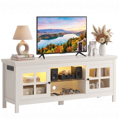 Farmhouse 55'' TV Stand for TVs Up to 60'', with Charging Station & LED Lights