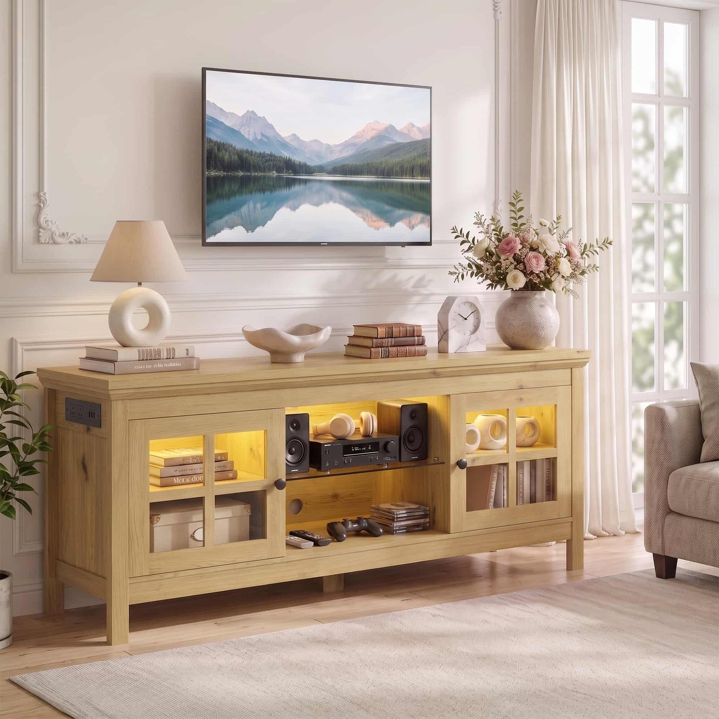 Farmhouse 55'' TV Stand for TVs Up to 60'', with Charging Station & LED Lights