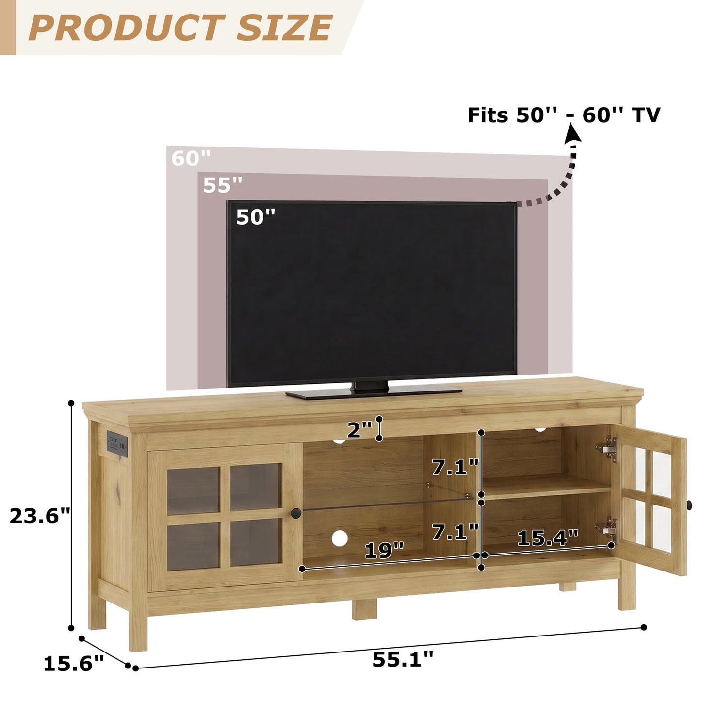 Farmhouse 55'' TV Stand for TVs Up to 60'', with Charging Station & LED Lights