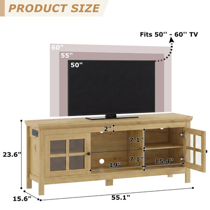 Farmhouse 55'' TV Stand for TVs Up to 60'', with Charging Station & LED Lights