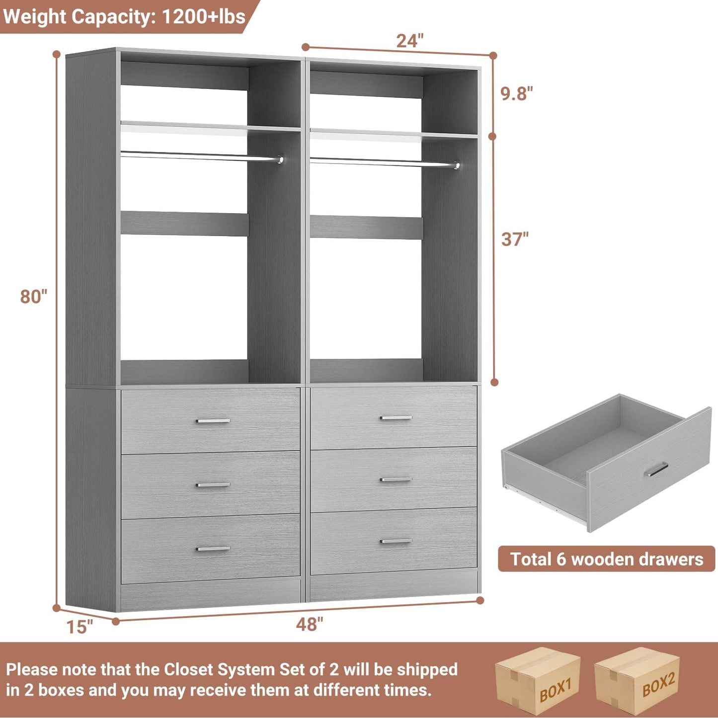 4FT (48 Inch) Closet Organizer System,Set of 2 - 6 Wood Drawers, 2 Hanging Rods & 2 Shelves