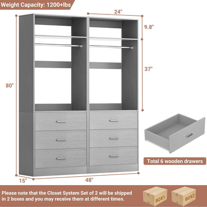 4FT (48 Inch) Closet Organizer System,Set of 2 - 6 Wood Drawers, 2 Hanging Rods & 2 Shelves