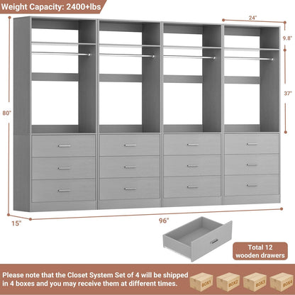 8FT (96 Inch) Closet Organizer System,Set of 4 - 12 Wood Drawers, 4 Hanging Rods & 4 Shelves