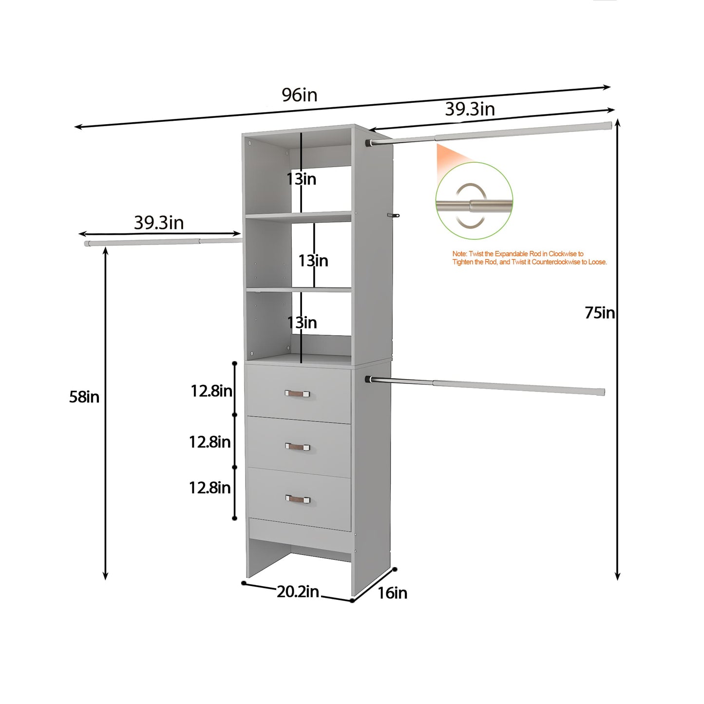 Adjustable 5-8FT Wall-Mounted Closet Organizer System with 3 Hanging Rods & 3 Wood Drawers