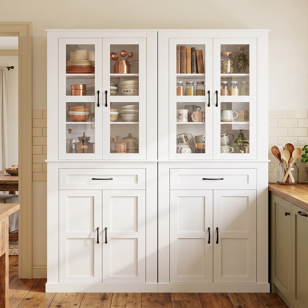 70.9" Tall Black Farmhouse Kitchen Pantry Cabinets (2 Pack) – Freestanding Storage Cupboards with Glass Doors, Drawer & Adjustable Shelves for Dining, Living Room & Home Office