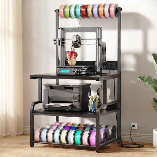 3-Tier 3D Printer Stand with Power Outlet, Rolling Printer Stand with Filament Storage