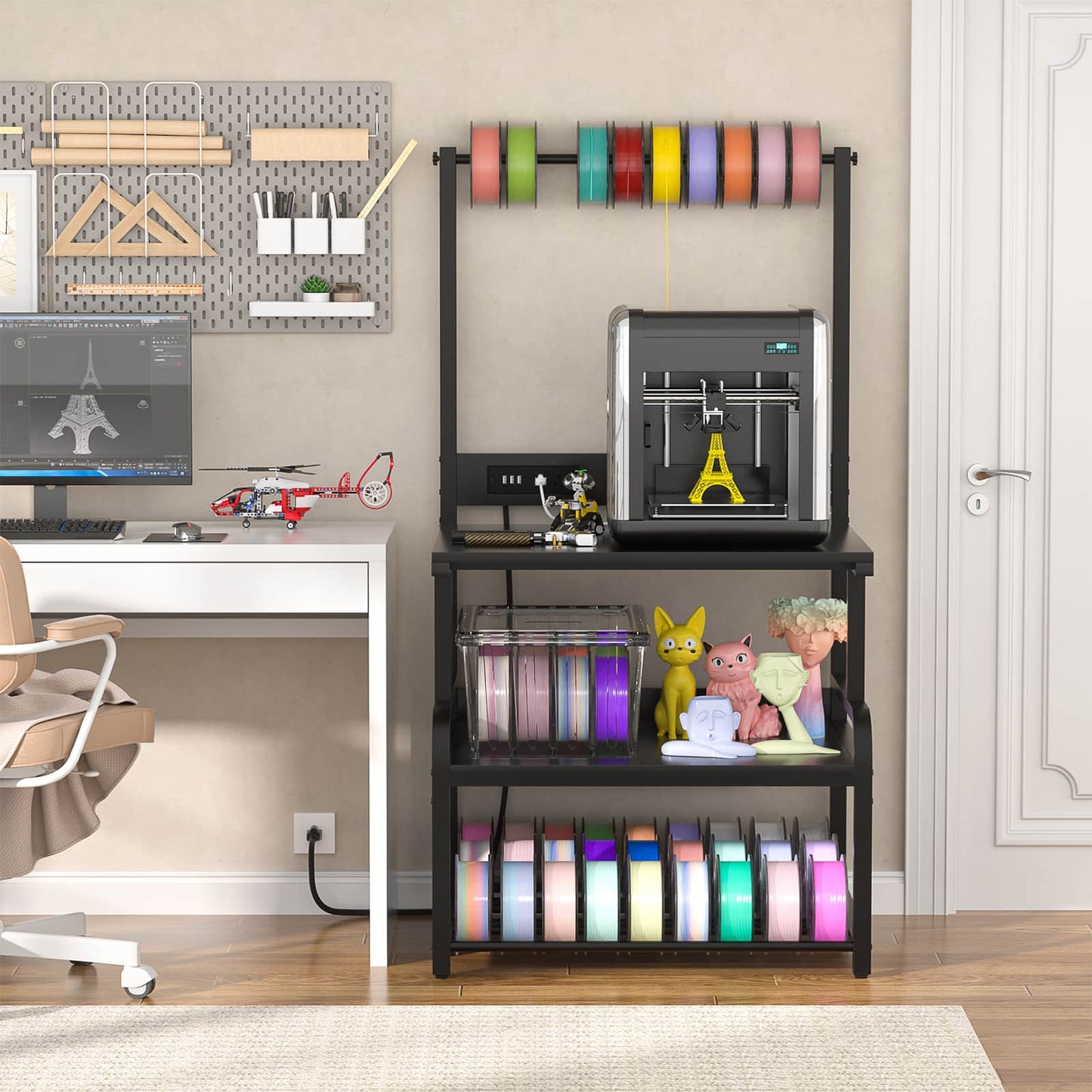 3-Tier 3D Printer Stand with Power Outlet, Rolling Printer Stand with Filament Storage