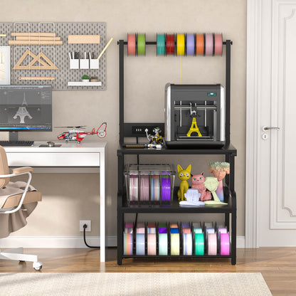 3-Tier 3D Printer Stand with Power Outlet, Rolling Printer Stand with Filament Storage