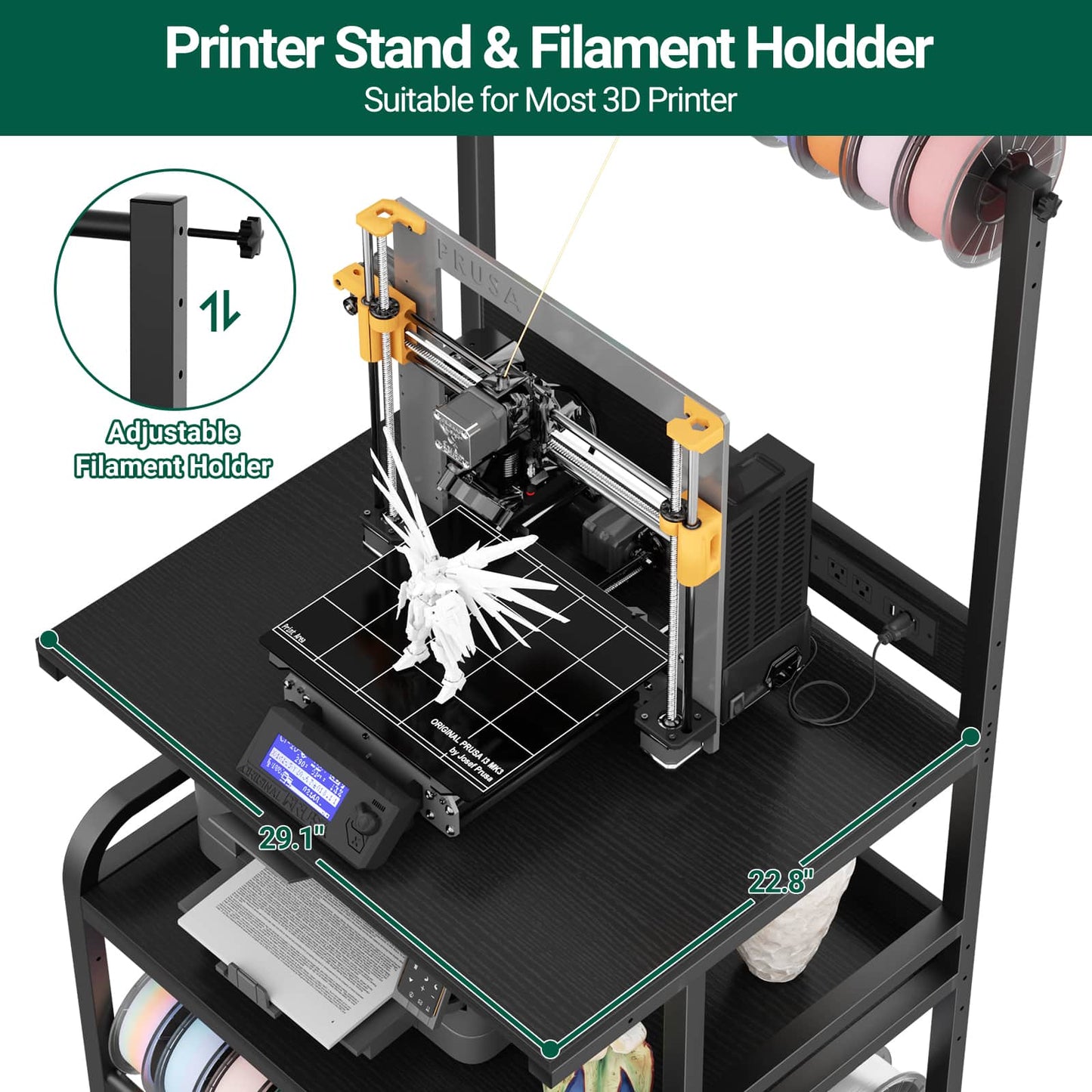 3-Tier 3D Printer Stand with Power Outlet, Rolling Printer Stand with Filament Storage
