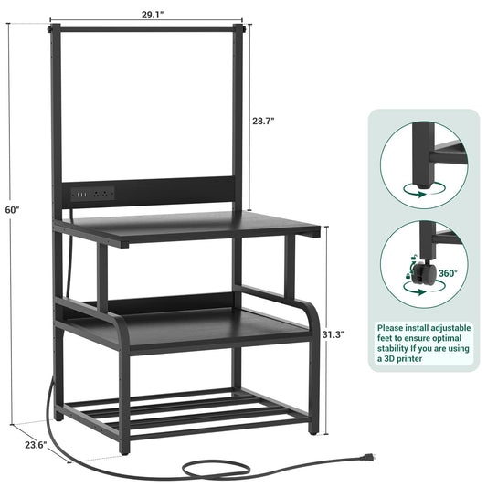 3-Tier 3D Printer Stand with Power Outlet, Rolling Printer Stand with Filament Storage