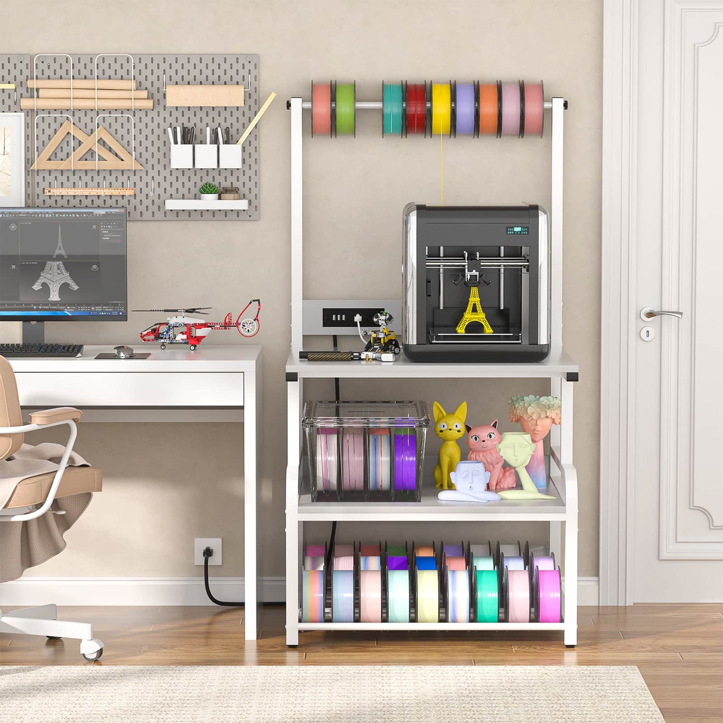 3-Tier 3D Printer Stand with Power Outlet, Rolling Printer Stand with Filament Storage