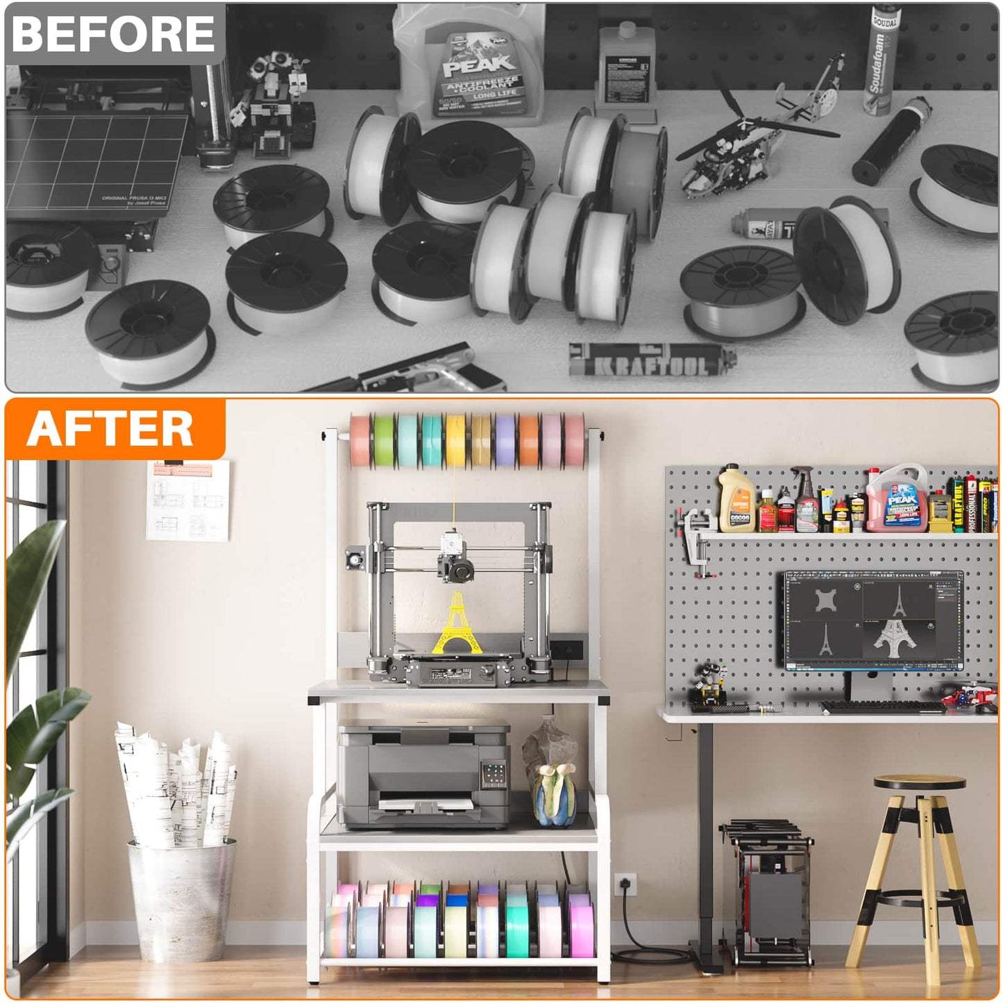 3-Tier 3D Printer Stand with Power Outlet, Rolling Printer Stand with Filament Storage