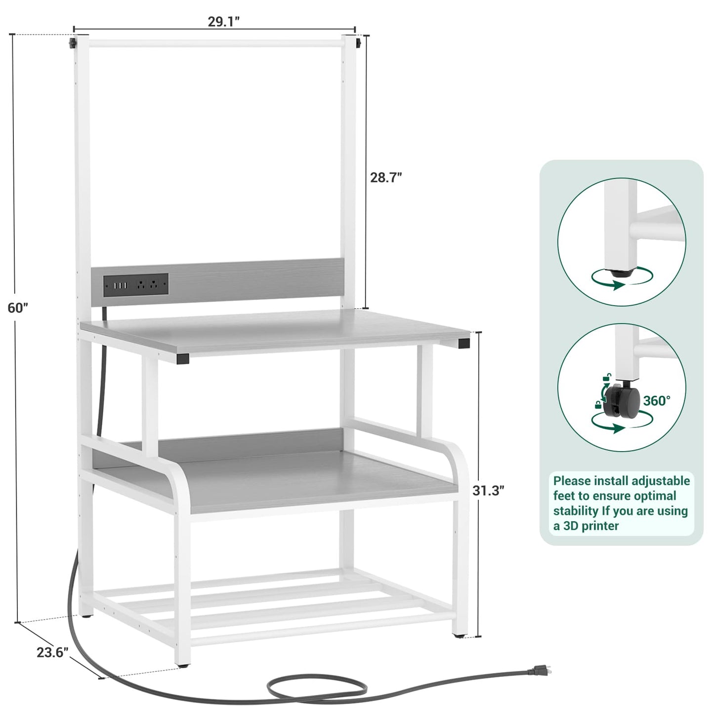 3-Tier 3D Printer Stand with Power Outlet, Rolling Printer Stand with Filament Storage