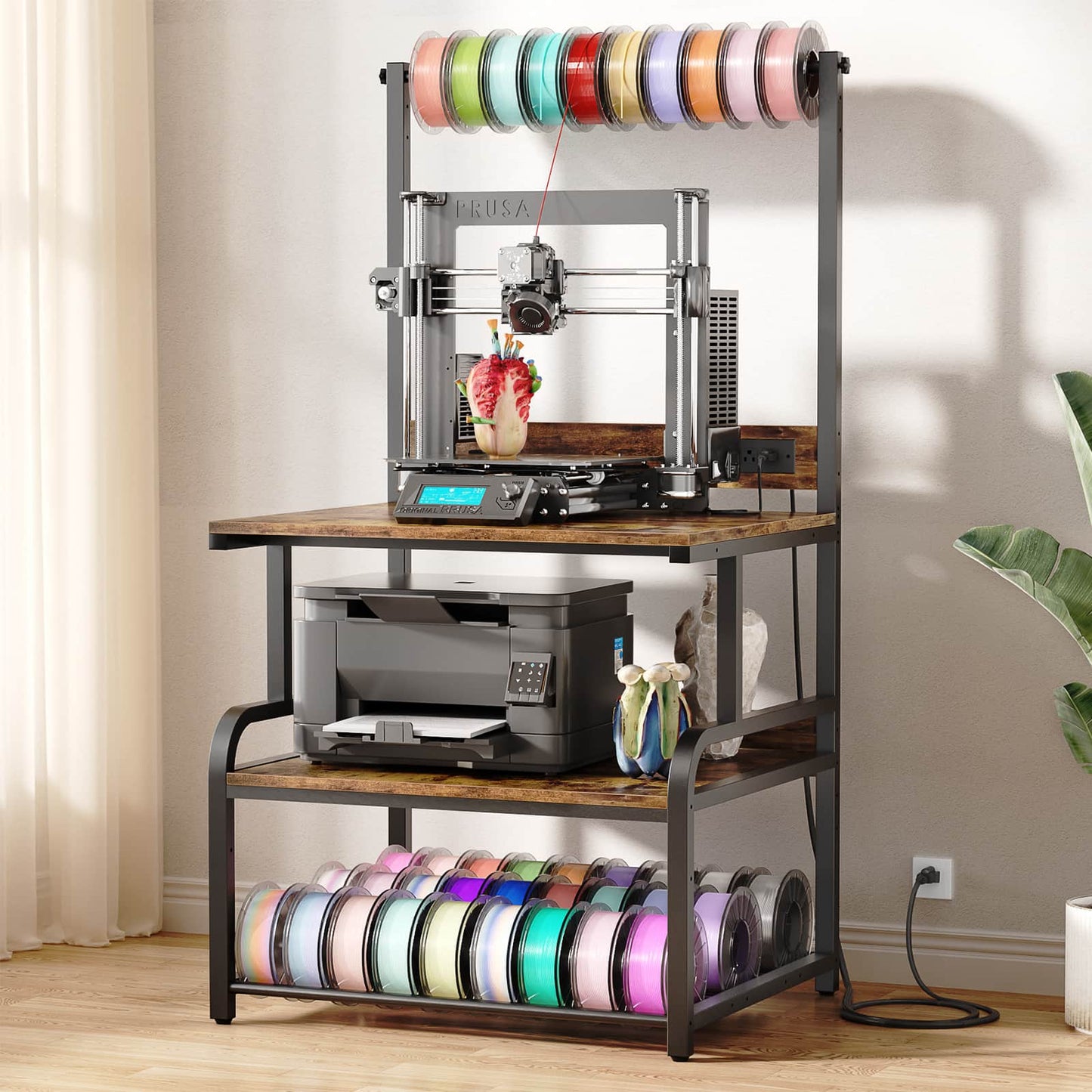 3-Tier 3D Printer Stand with Power Outlet, Rolling Printer Stand with Filament Storage