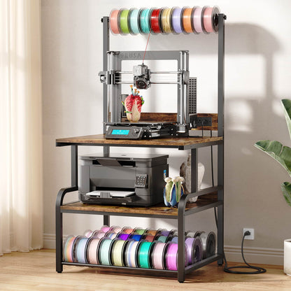 3-Tier 3D Printer Stand with Power Outlet, Rolling Printer Stand with Filament Storage