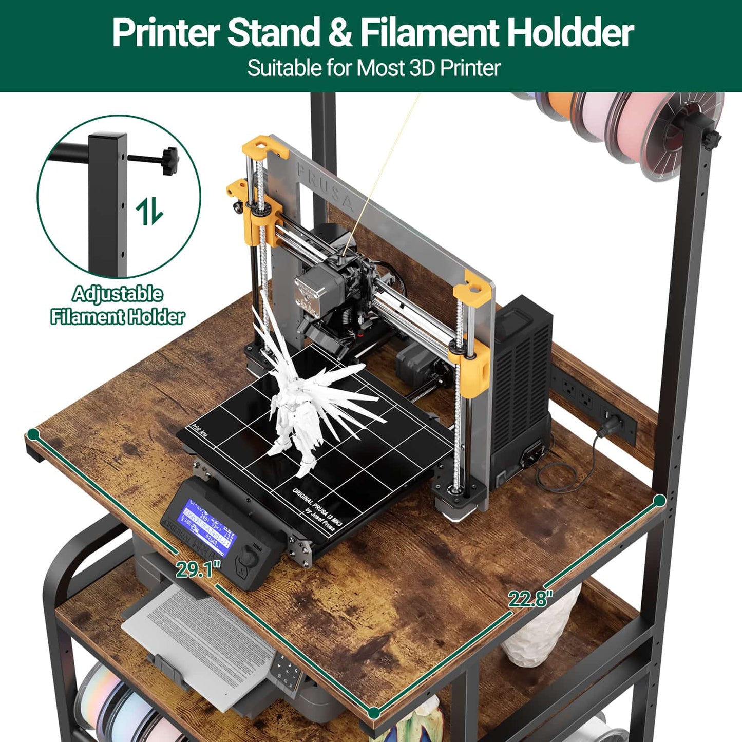 3-Tier 3D Printer Stand with Power Outlet, Rolling Printer Stand with Filament Storage